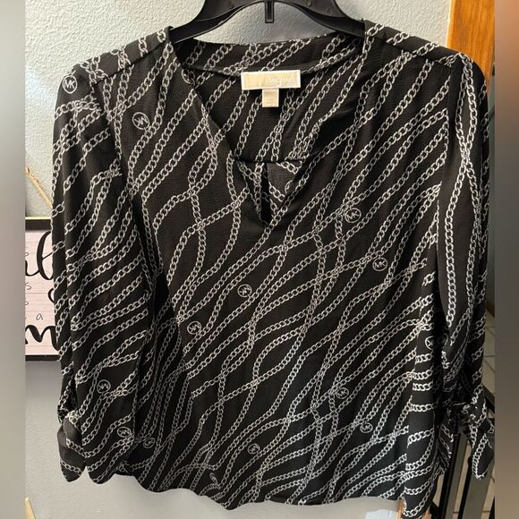 Michael by Michael Kors Silver Chain Black Tie Sleeve Vneck Blouse Top Size L - Picture 1 of 10